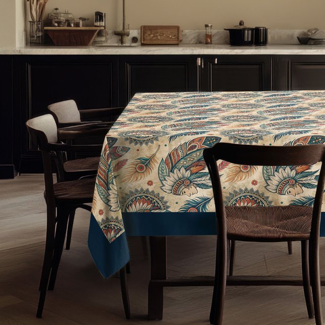 Toalha De Mesa Penas tribais nativas Penas de pântano azul pastos (Native Ethnic Tribal Feathers pastel blue copper Tablecloth)