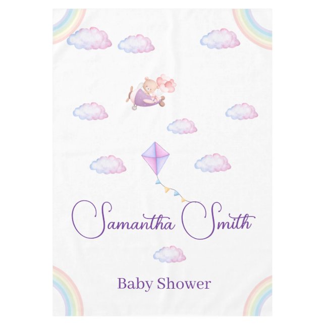 Toalha De Mesa Pink Bear Pastel Airplane Balloon Baby Shower (Frente)