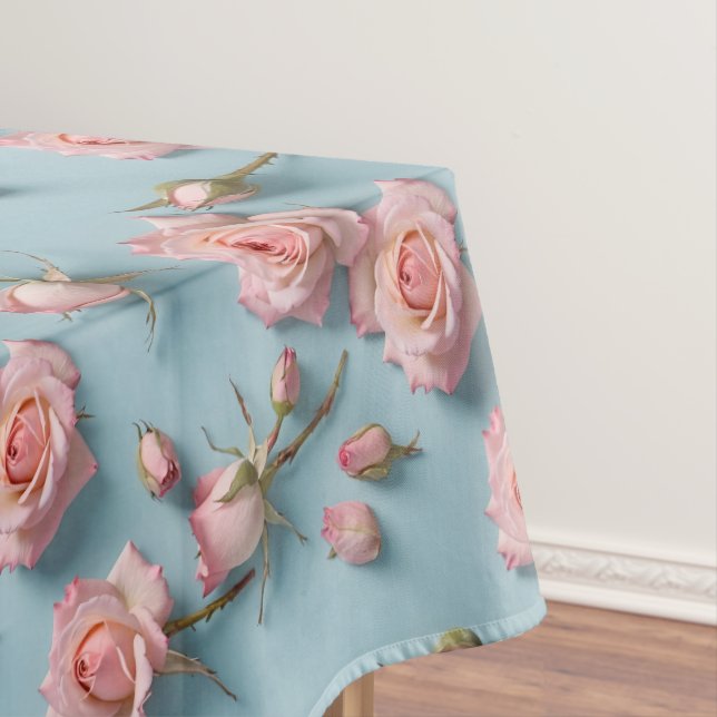 Toalha De Mesa Pink Roses Scattered Across Light Blue Background (Posição Original)