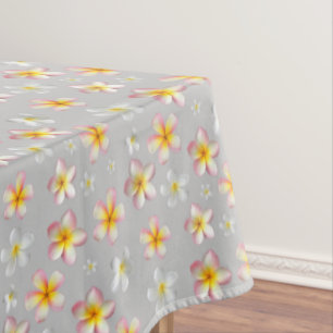 Toalha De Mesa Plumeria Flores Rosa e Branca em Cinza Claro