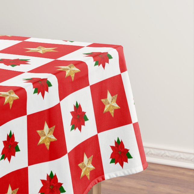 Toalha De Mesa Poinsetos de Natal e Estrelas em Vermelho e Branco (Posição Original)