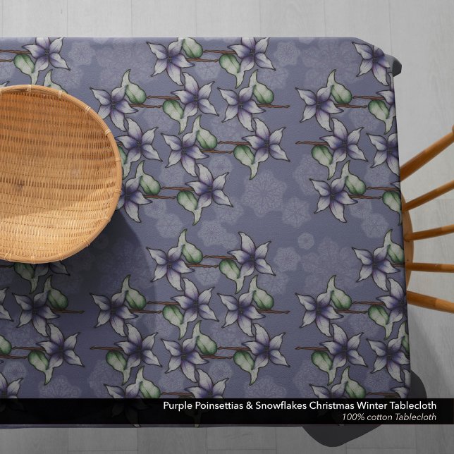 Toalha De Mesa Poinsetos roxos e flocos de neve no Natal (Purple Poinsettias & Snowflakes Christmas Tablecloth. Use this Lovely  Tablecloth All Winter Season.)