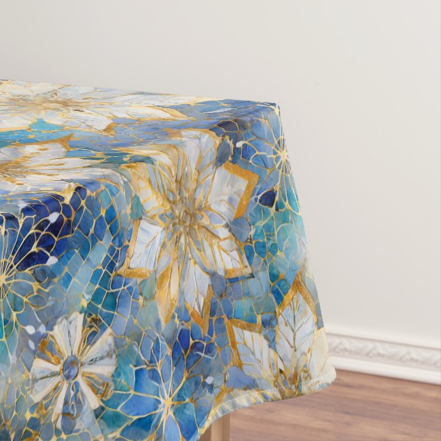 Toalha De Mesa Poinsettias Douradas de Natal Azul (Posição Original)