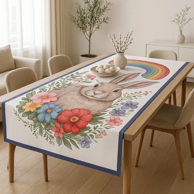 Toalha De Mesa Prado de Páscoa Arco-íris Flores Primavera Coelho  (Easter Rainbow Meadow Spring Flowers Wild Rabbit Tablecloth)