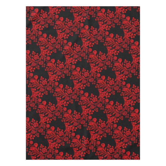Toalha De Mesa Preto Floral Elegante e Vermelho  (Frente)