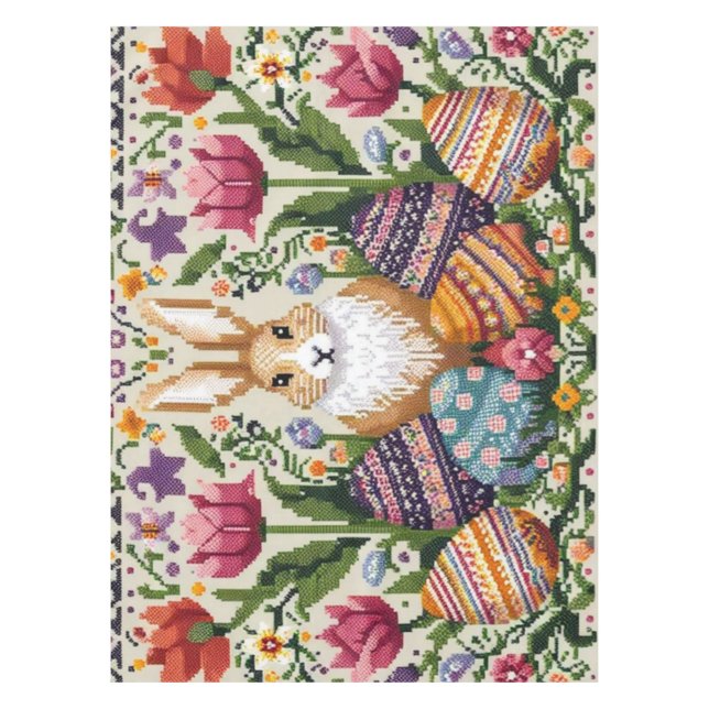 Toalha De Mesa Primavera/Páscoa de cor branca (Frente)