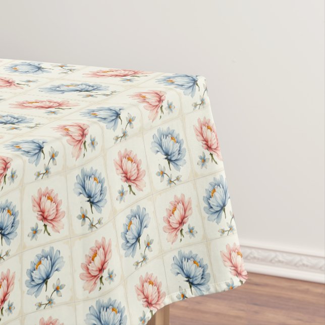 Toalha De Mesa Quadrados de Flor Rosa e Azul (Posição Original)