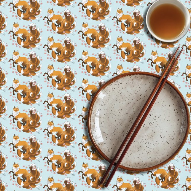 Toalha De Mesa Raposa Kitsune Caprichosa Flores de Cerejeira Azui (Criador carregado)