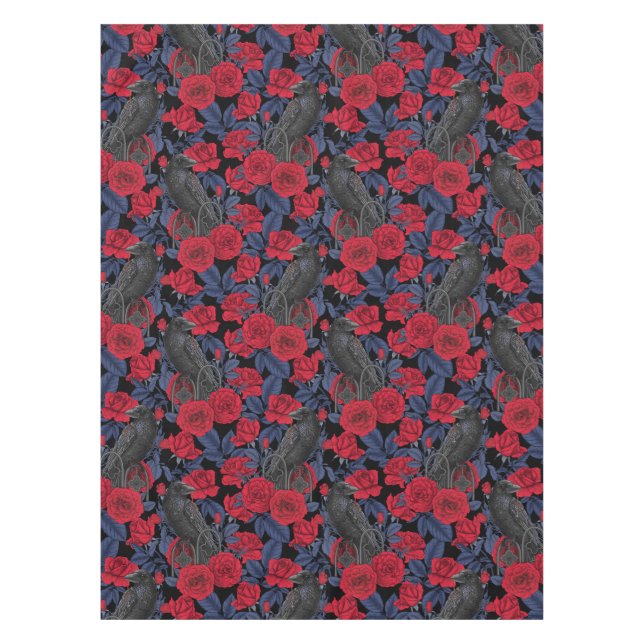 Toalha De Mesa Ravens e rosas com folhas azuis escuras (Frente)