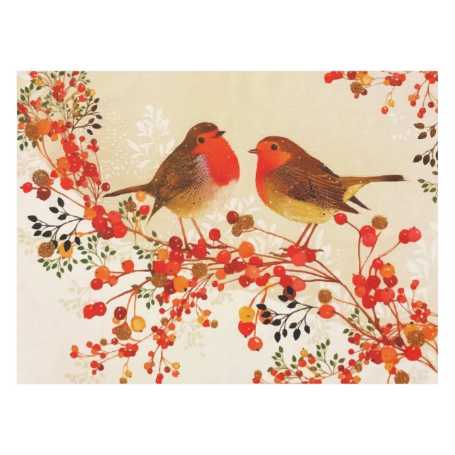 Toalha De Mesa Red Dourado Winter Birds Holly Berry Branches (Frente (Horizontal))