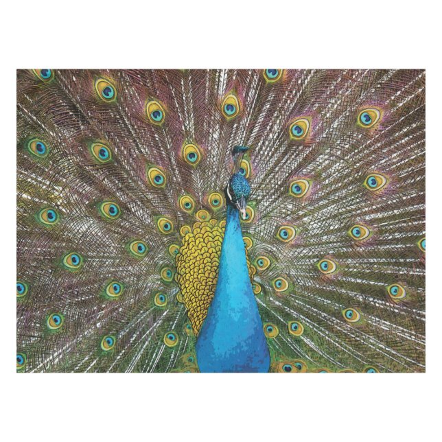 Toalha De Mesa Regal Peacock com Azul Teal e Plumagem Dourada (Frente (Horizontal))