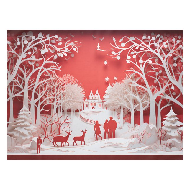 Toalha De Mesa Reindeers 3D e Pessoas na aldeia (Frente (Horizontal))