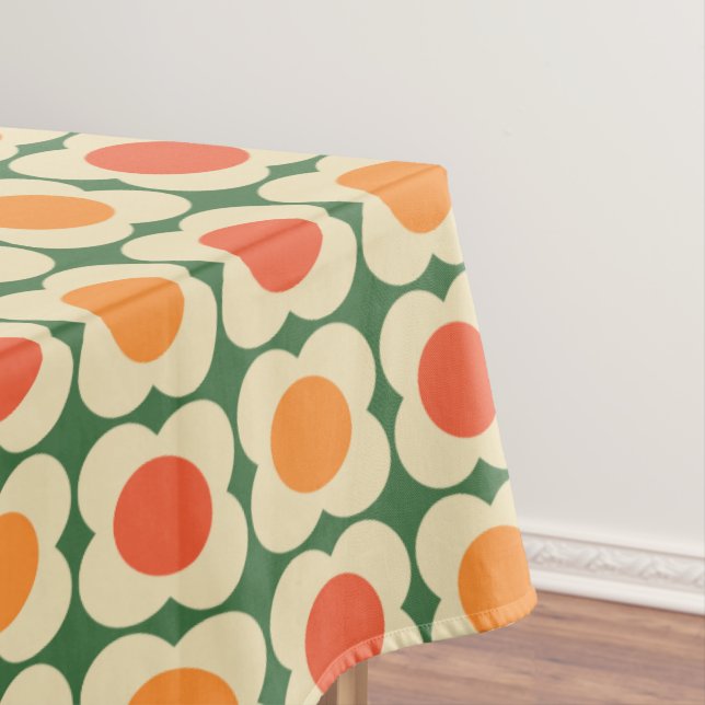 Toalha De Mesa Retro 70s Scandi Flowers -Mid mod- Orange on Green (Posição Original)