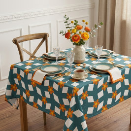 Toalha De Mesa Retro dos anos 70 Floral Geométrico em Azul Turque