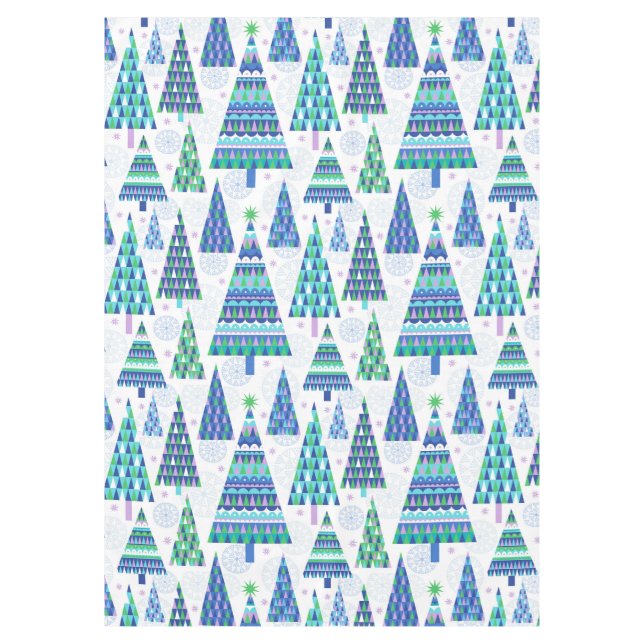 Toalha De Mesa Retro Geo Scandi Árvores de Natal Azul e Verde (Frente)