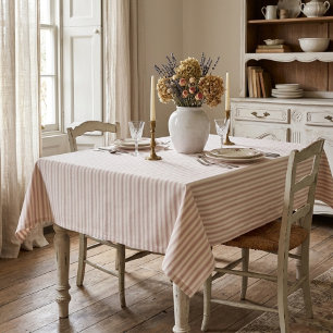 Toalha De Mesa Rosa Vintage e Listras Creme País Francês