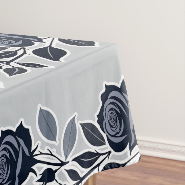 Toalha De Mesa Rosas Azul Escuro Com Folhas Prateadas (Posição Original)