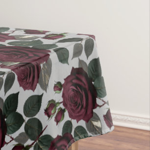 Toalha De Mesa Rosas Burgundy Escuras Como Veludo Com Folhas Verd