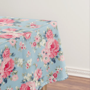 Toalha De Mesa Rosas cor-de-rosa-algodão em fundo azul