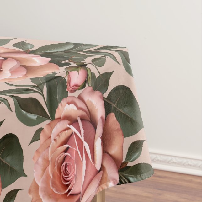 Toalha De Mesa Rosas Cor-de-Rosa Com Folhas em Pinceladas  (Posição Original)