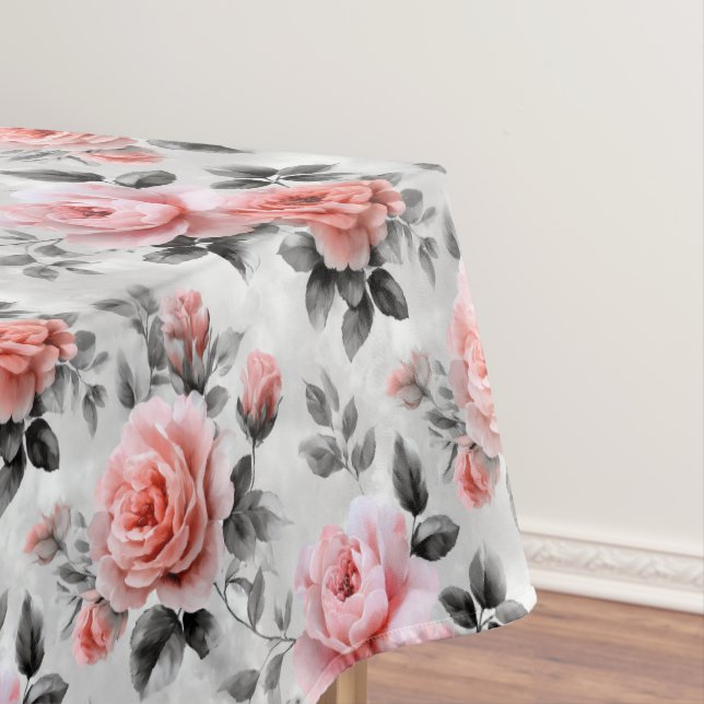 Toalha De Mesa Rosas Cor-de-Rosa em Cinza (Posição Original)