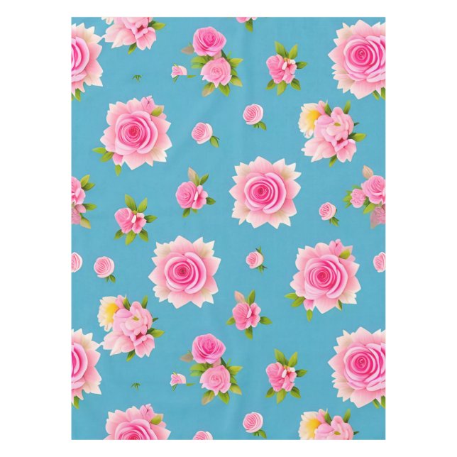 Toalha De Mesa Rosas Cor-de-Rosa em um Fundo Azul (Frente)