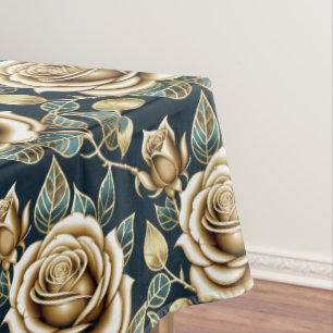 Toalha De Mesa Rosas Douradas Com Acabamento Metálico
