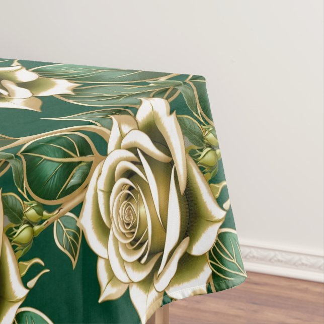 Toalha De Mesa Rosas Douradas Com Folhas Verde Esmeralda (Posição Original)