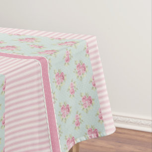 Toalha De Mesa Rosas Rosa Vintage e Listras Farmhouse Russas