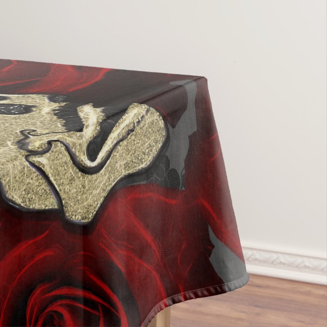 Toalha De Mesa Rosas Vermelhas & Caveiras Cinza Preto Floral Góti (Posição Original)