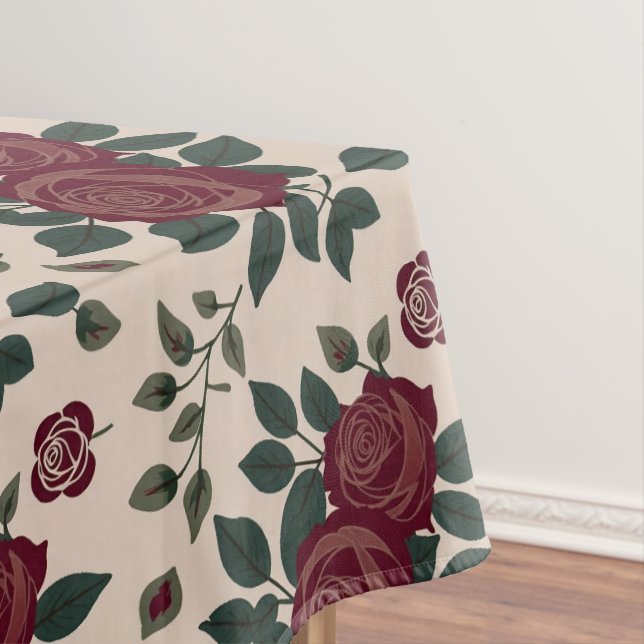 Toalha De Mesa Rosas Vermelhas Escuras Com Folhas Verdes (Posição Original)