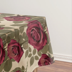 Toalha De Mesa Rosas Vermelhas Escuras Com Folhas Verdes Desbotad