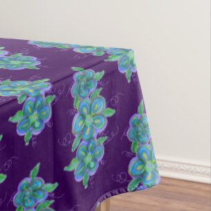 Toalha De Mesa Roxo Escuro Com Arte Floral Azul