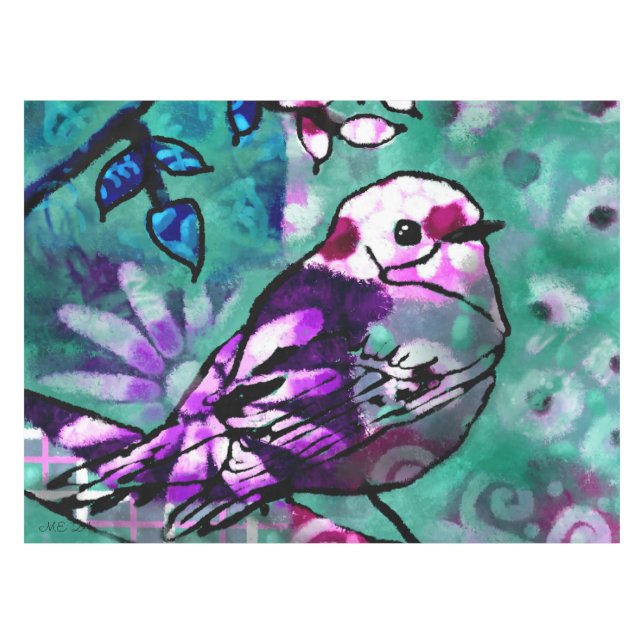 Toalha De Mesa Roxo Floral de Abstrato de aves (Frente (Horizontal))