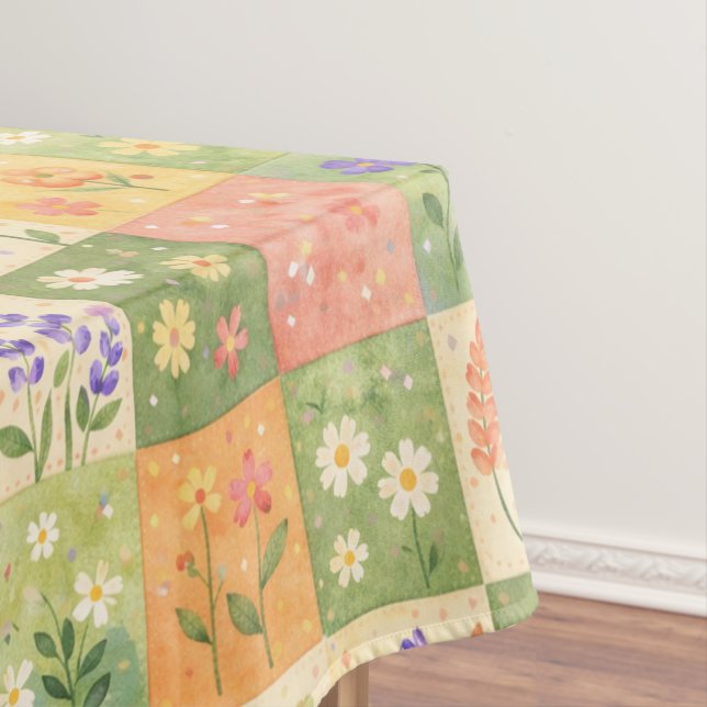 Toalha De Mesa Rustic Boho Green & Orange Quilt Floral Patchwork  (Posição Original)