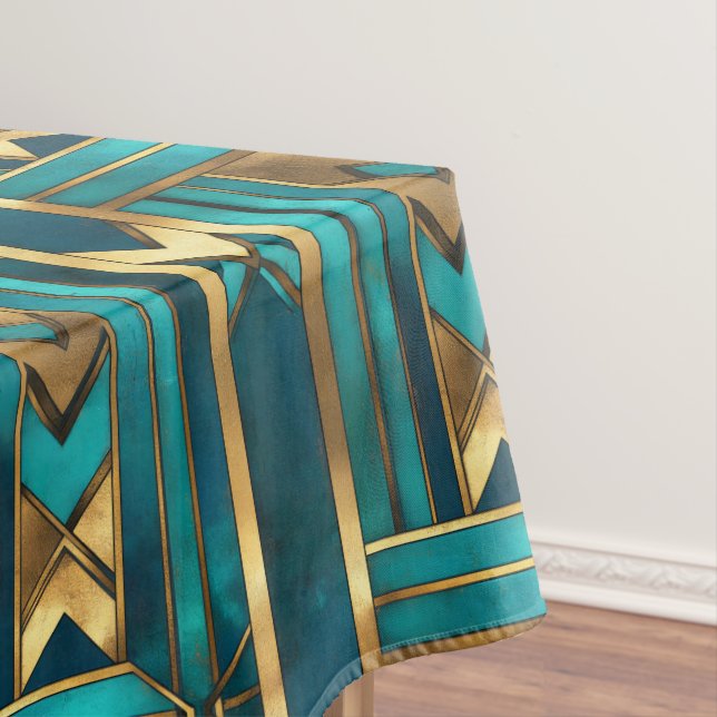 Toalha De Mesa Setas Geométricas Art Déco, Dourado e Turquesa (Posição Original)