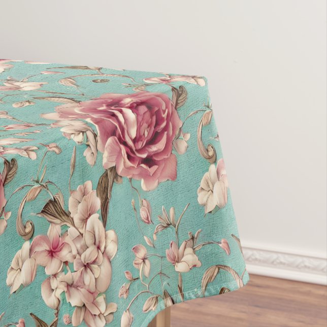 Toalha De Mesa Shabby Chic Pink and White Florals on Teal (Posição Original)