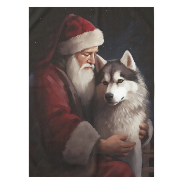 Toalha De Mesa Siberian Husky com Papai Noel Natal Festivo (Frente)