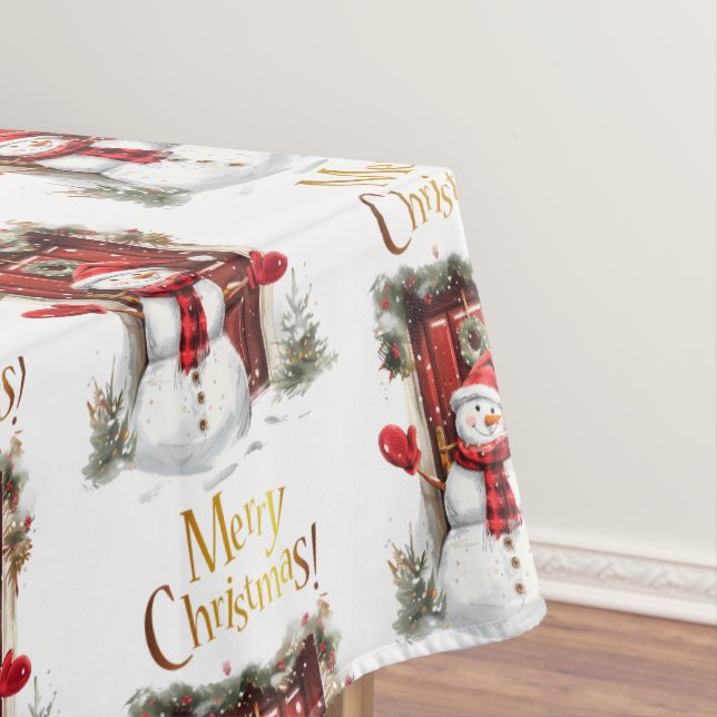 Toalha De Mesa Snowman Dourado Feliz Texto de Natal (Posição Original)