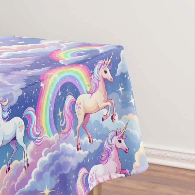 Toalha De Mesa Sparkly rainbow and unicorns on clouds (Posição Original)