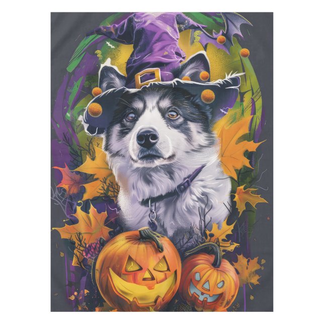 Toalha De Mesa Spooky Akita Halloween Witch e Pumpkin (Frente)