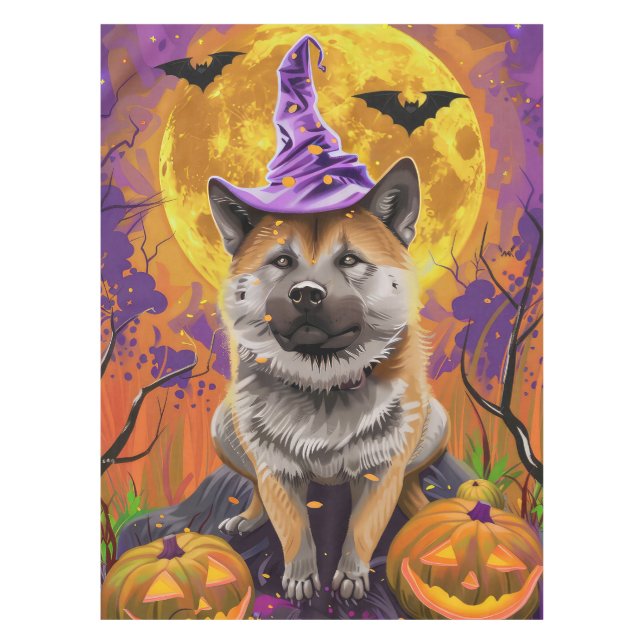 Toalha De Mesa Spooky Akita Halloween Witch e Pumpkin (Frente)
