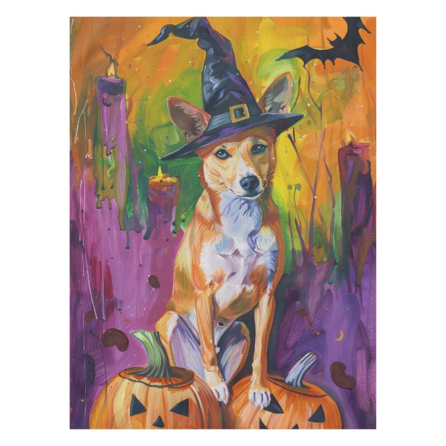 Toalha De Mesa Spooky Basenji Halloween Witch E Pumpkin (Frente)