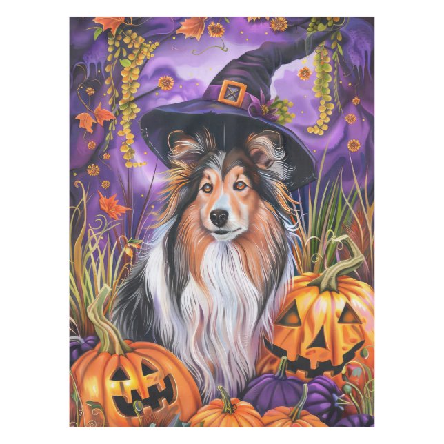 Toalha De Mesa Spooky Shetland Sheepdog Halloween Pumpkin (Frente)