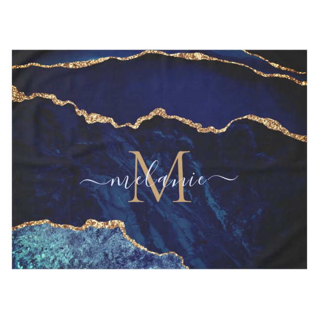 Toalha De Mesa Tablecloth do Nome Personalizado do Marble Azul-Do (Frente (Horizontal))