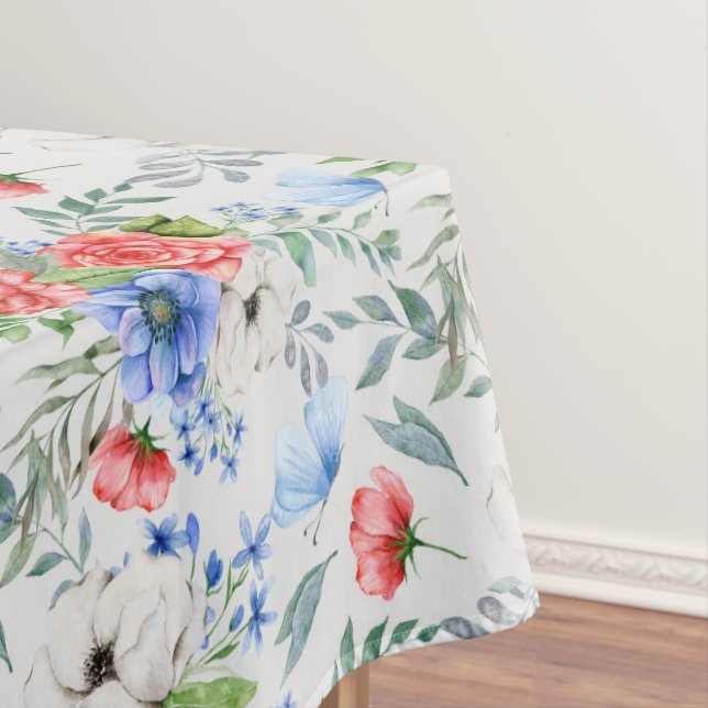 Toalha De Mesa Tablete Buquê Floral Vermelho Branco e Azul (Posição Original)