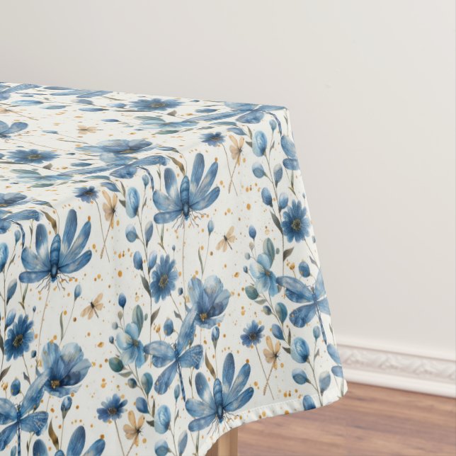 Toalha De Mesa Tablete de Dragonfly e Flores Azuis (Posição Original)