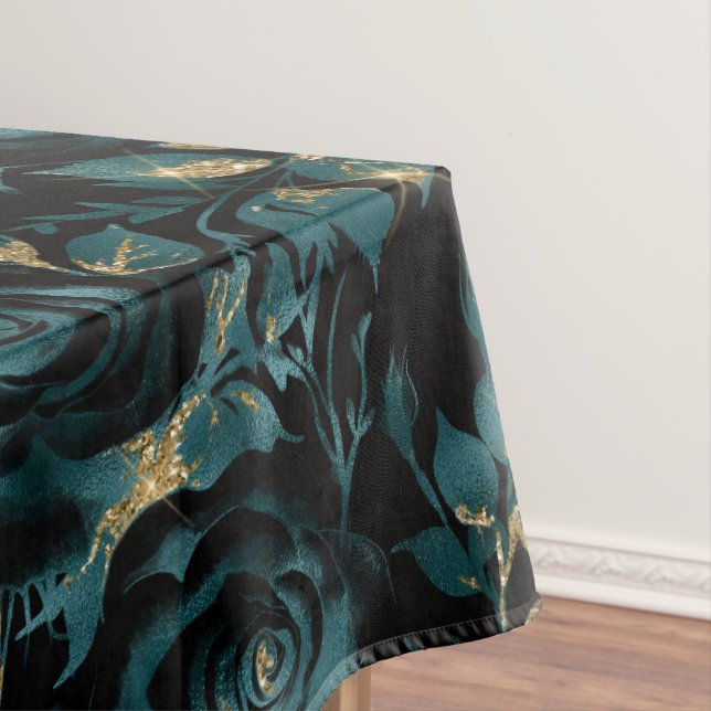 Toalha De Mesa Teal Elegante e Padrão Floral Dourado de Rosa (Posição Original)