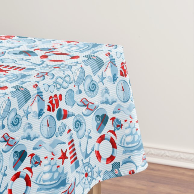 Toalha De Mesa Teste padrão branco e azul vermelho náutico (Posição Original)