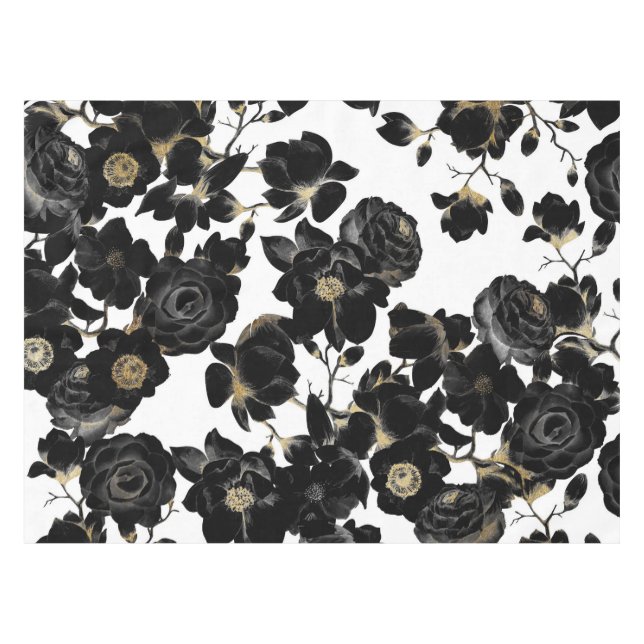 Toalha De Mesa Teste padrão floral branco e Dourado preto (Frente (Horizontal))